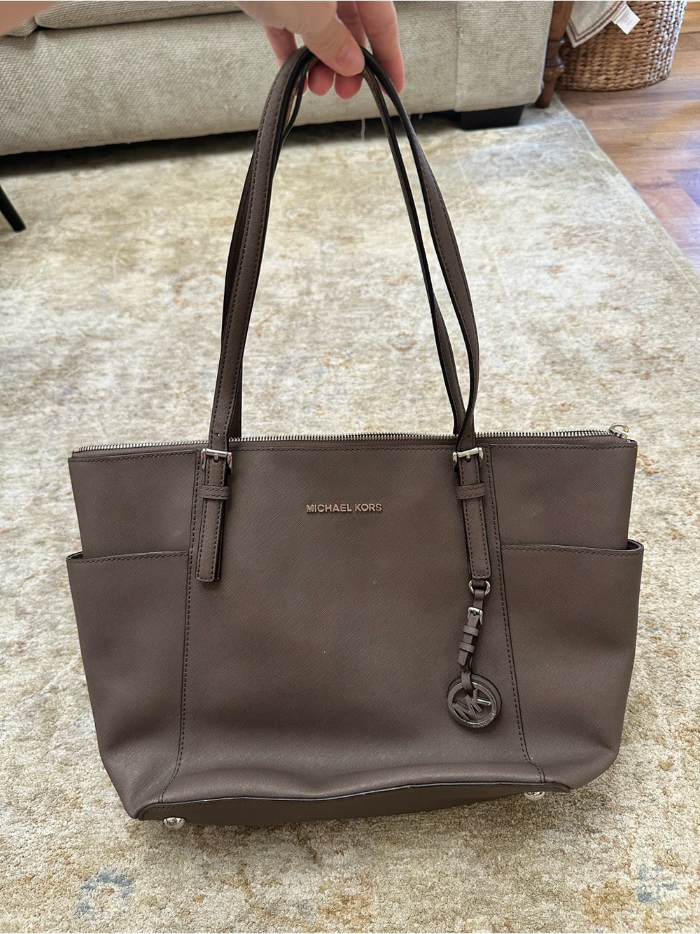 Michael Kors Taupe Brown Saffiano Leather Tote with MK Charm